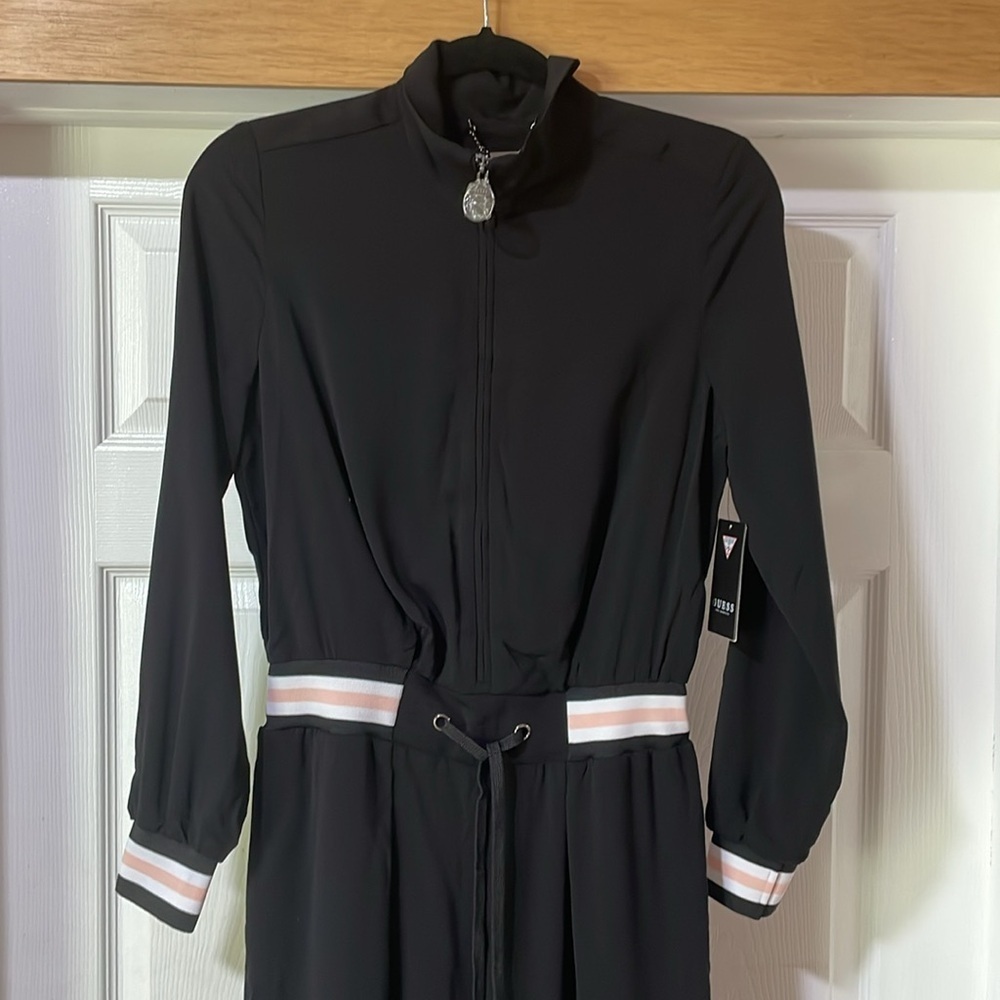 Guess Jumpsuit XS Black Zip Front Wide Leg Long Sleeve Stripe Trim Athleisure - Picture 6 of 16